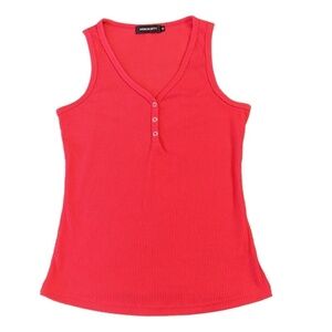 MEROKEETY Red V-Neck Tank Top Sleeveless Ribbed Henley S #179P
